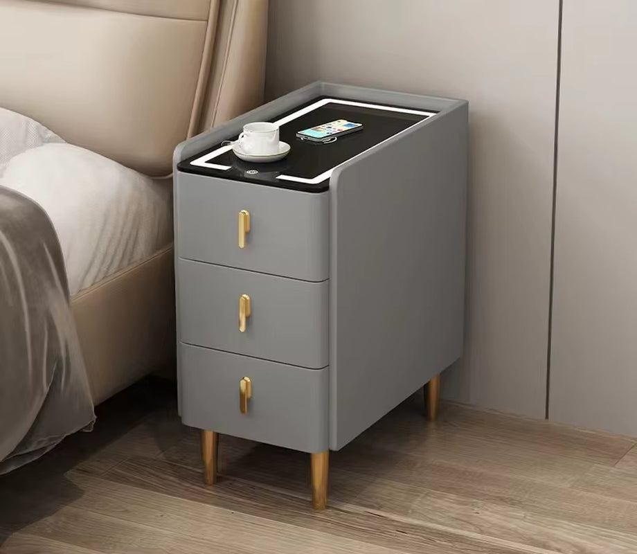 Nordic Style Intelligent Solid Wood Bedside Table Faux Leather 3 Drawers Nightstands with Wireless Charging Side Storage Cabinet